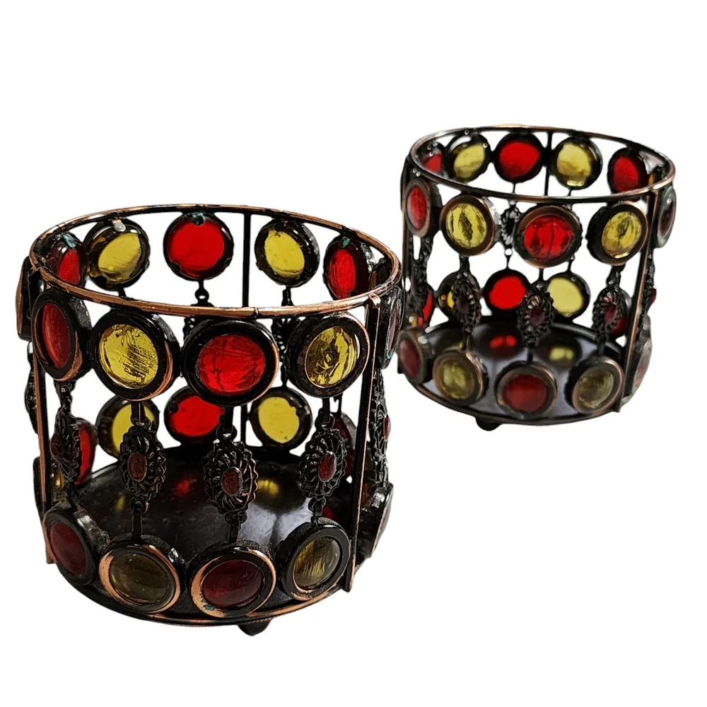 Set of 2 Wire Votive‎ Holders Boho Style with Colored Glass Bead Decoration